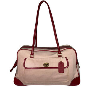 Coach Vintage Linen Tote Leather trim Two Tone Handbag Made in Costa Rica Rare